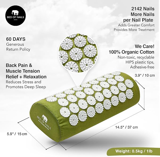 BED OF NAILS Original Comfortable Acupressure Lumbar Cushion Pillow, 2142 Acupuncture Pressure Points, Neck Pain Relief, Increased Energy, Relaxation, FSA/HSA Eligible, Drawstring Bag, 15x6x4, Green