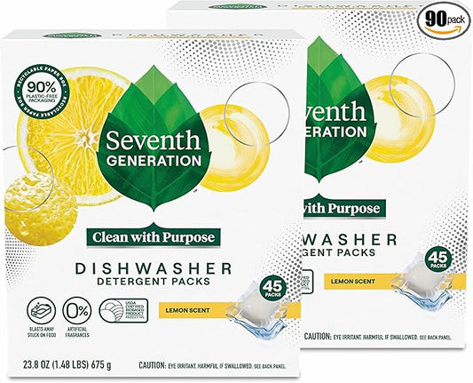 Seventh Generation Dishwasher Detergent Packs Lemon scent 2 Pack for sparkling dishes Dishwasher tabs 45 count
