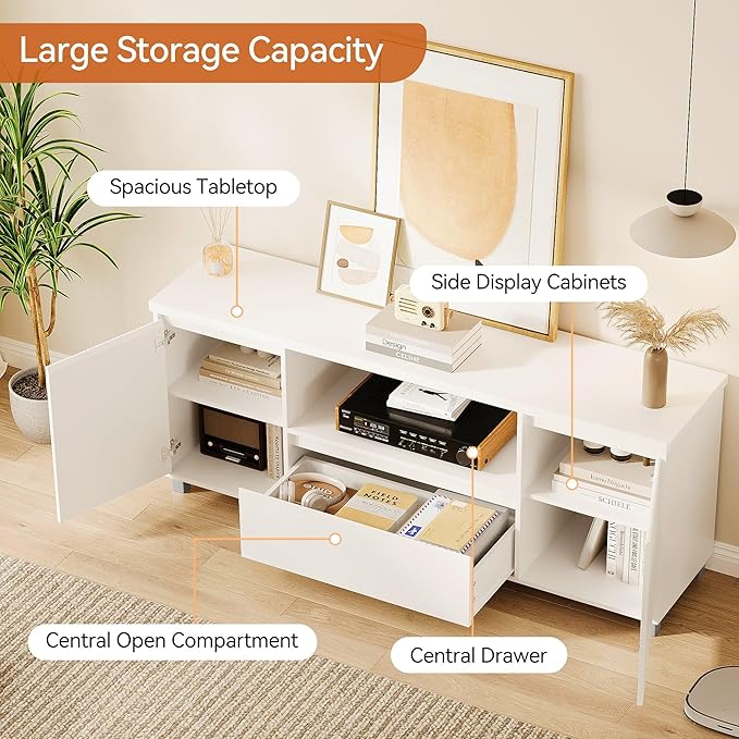 Garvee 63in TV Stand for 60/65/70 Inch TV, Fluted Entertainment Center with Storage Drawer and Open Shelves, Modern TV Console Media Cabinet for Living Room, Bedroom, White