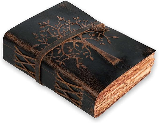 LEATHER VILLAGE Tree of Life Journal - 8 X 6 (A5) inches - Rustic Brown - 200 Antique Deckle Edge Handmade Paper – Book of Shadows - Vintage Leather Bound Journal for Women & Men