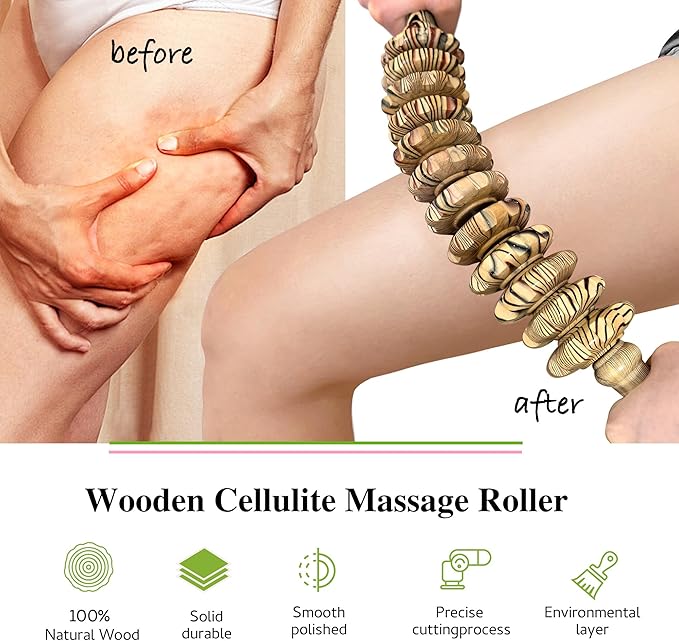 Wooden Curved Handheld Roller Stick Massager - 12 Rollers Wood Therapy Tool for Trigger Point, Fascia & Cellulite Reduction, Lymphatic Drainage, Muscle Tension Relief & Body Shaping (Wood Grain)