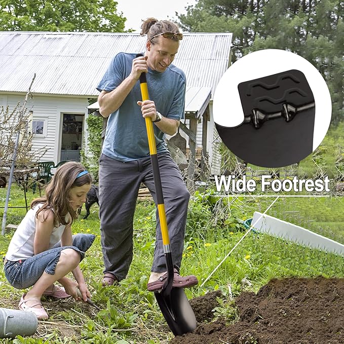 Heavy Duty Gardening Shovel, 56 Inch Round Blade with Fiberglass Handle (Yellow)