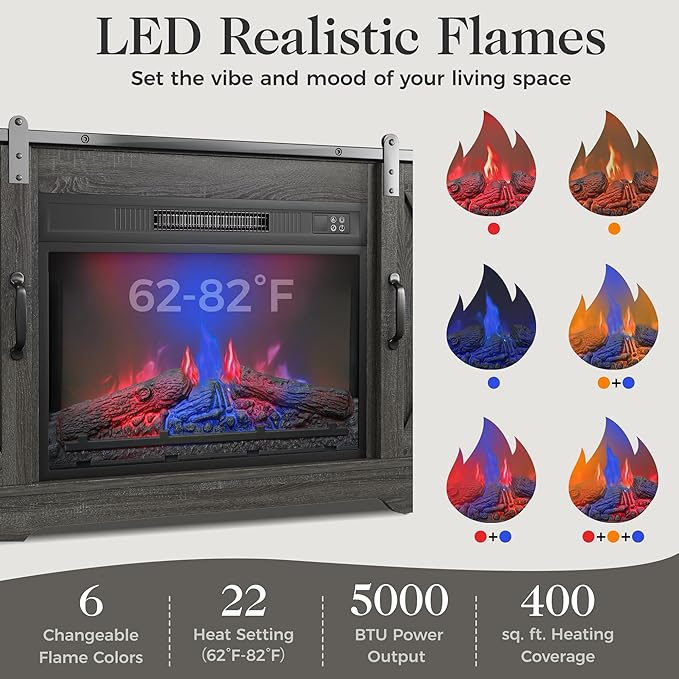 RoyalCraft Farmhouse Fireplace TV Stand for 65+ Inch TV, Entertainment Center with 23" Electric Fireplace with Remote, 34 Tall Modern Rustic TV Console with Sliding Bar Door for Living Room, Dark Grey