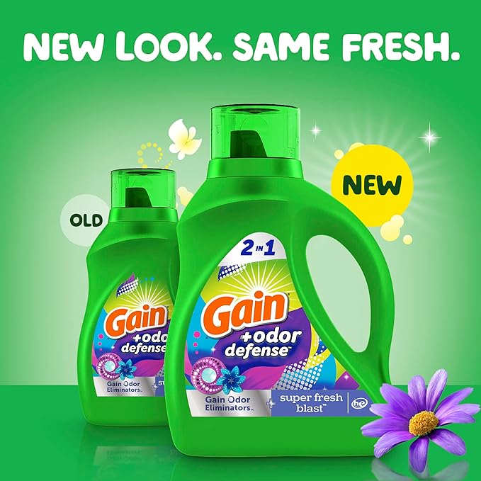 Gain + Odor Defense Laundry Detergent Liquid Soap, 2-Pack, Super Fresh Blast Scent, 65 Fl Oz Each