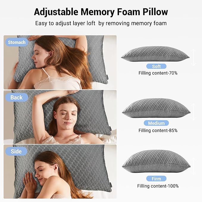 puredown King Size Pillows Set of 2, Shredded Memory Foam Pillows, Cooling Pillow King 2 Pack, Foam Pillow for Sleeping, Adjustable Firm Bed Pillow for Side, Back and Stomach Sleepers, Grey