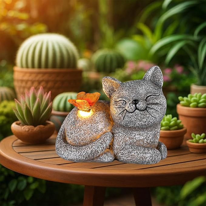 Solar Cat Garden Statue with Butterfly Light – 5-Inch Outdoor Resin Figurine for Yard, Patio, Balcony – Gifts for Women, Garden Decor Accent (Cat)