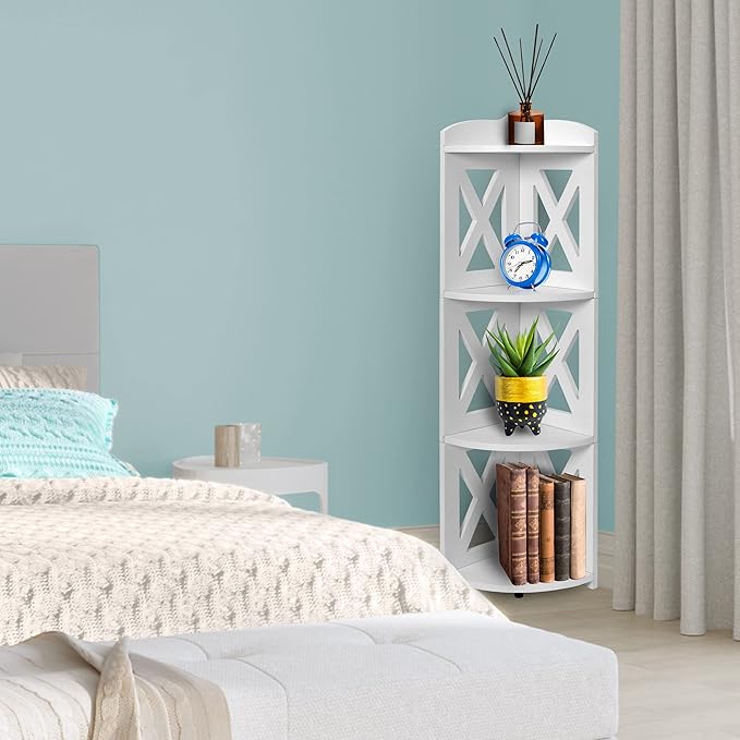 NHZ Corner Shelf Stand, Wood Corner Bookshelf, Corner Bookcase and Plant Stand (White, 4 Tier)