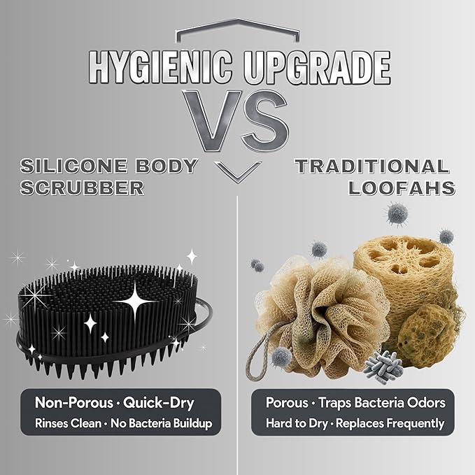 Avilana Silicone Body Scrubber – Gentle Shower Brush & Loofah Alternative- Food Grade & Lab Tested – Fast-Drying, Hygienic, BPA-Free Silicone Body Gentle Exfoliator (Black, Scalp)