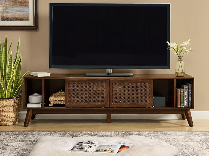 LKTART 68 Inch Mid Century Modern TV Stands with Rattan Doors, MCM Entertainment Center Media Console for 60/65/70/75 inch TVS, Long Boho Television Stand for Living Room, Dark Walnut