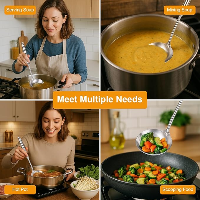 FJNATINH Soup Ladle Stainless Steel, Food Grade Metal Kitchen Ladle Spoon for Canning Soups Sauces, Easy to Clean, 15 Inches