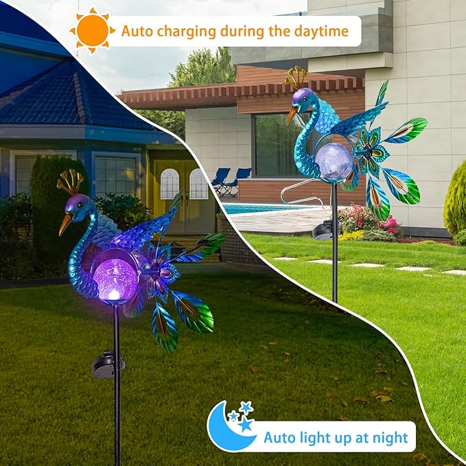 Peacock Solar Light Wind Spinner Outdoor Garden Decoration, Waterproof Garden Stake LED with Cracked Glass Ball, Gift for Mom, Lawn Ornaments for Pathway, Patio, Yard Decor Outdoor