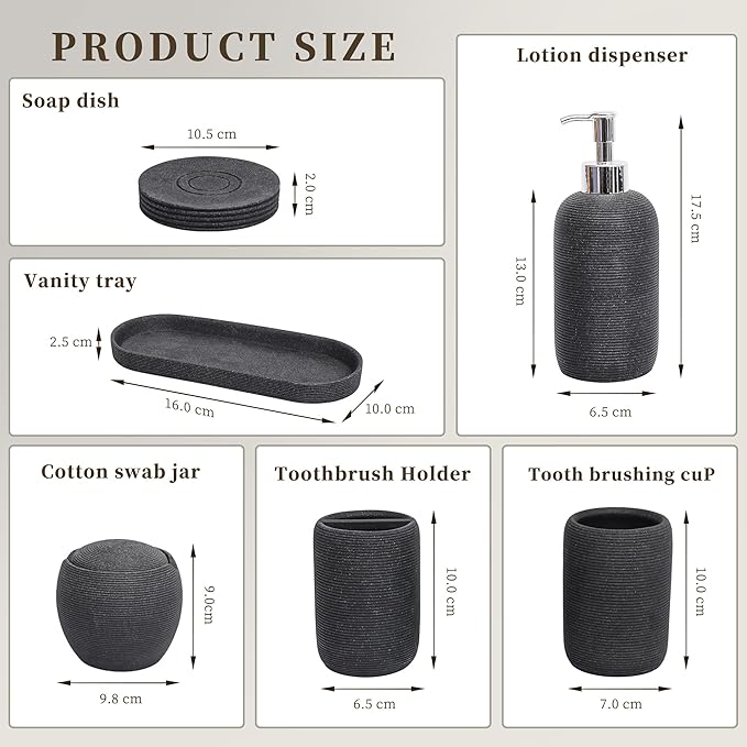Resin Bathroom Accessory Set - 6PCS Bathroom Accessories Set, Bath Vanity Countertop Accessories with Soap Dish, Lotion Dispenser, Toothbrush Holder, Toothbrush Cup, Vantiy Tray, Qtip Holder (Black)