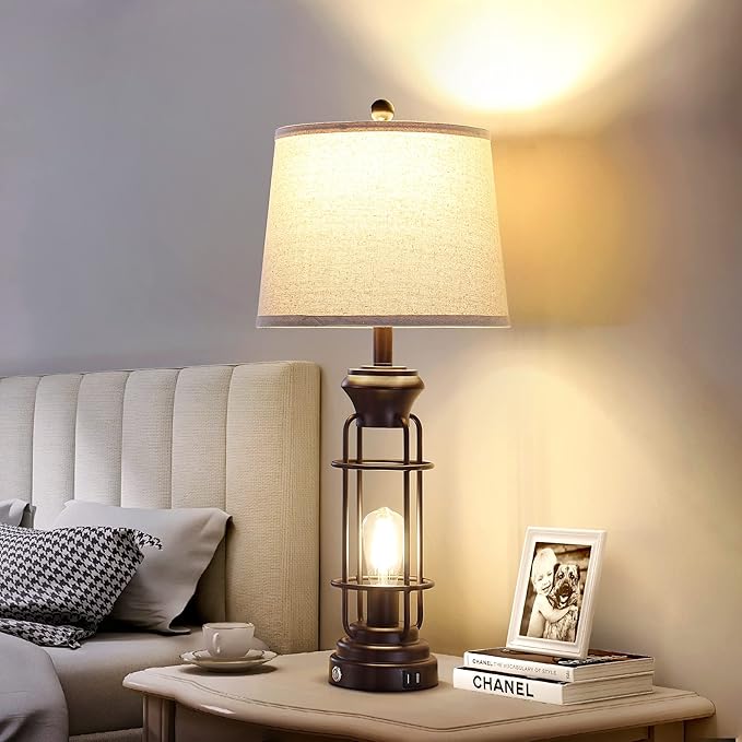 28.5" Farmhouse Lamps for Bedrooms Set of 2, Tall Table Lamps for Living Room with Dual USB Charging Port, Oil Rubbed Bronze Table Lamp with White Oatmeal Shade, Bulbs Included