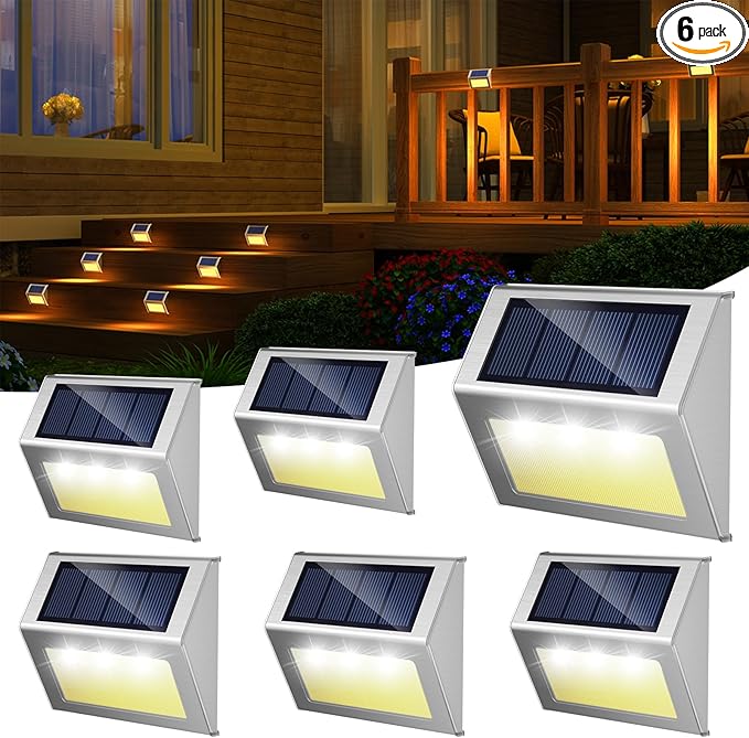 JSOT Solar Fence Lights - Solar Lights Outdoor Waterproof, Outdoor Light Deck Light for Outside Garden Backyard Patio Yard Wall Stair Step Post 3LED Lighting, Warm Light, 6 Pack