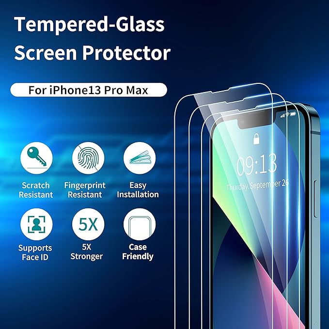 ImpactStrong Shatterproof Tempered Glass Screen Protector for iPhone 13 Pro Max [Easy Installation Frame] [Bubble Free] [9H Hardness] [Full Coverage] Case Friendly, 6.7 Inch - (3-Pack)