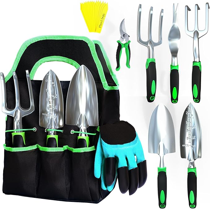 8 PCS Gardening Tools Set with Bag | Heavy-Duty Rust-Proof Hand Tools with Plastic Handles Includes 15 Plant Tags | Ideal Gift for Women, Men, Mom, Dad & Gardeners