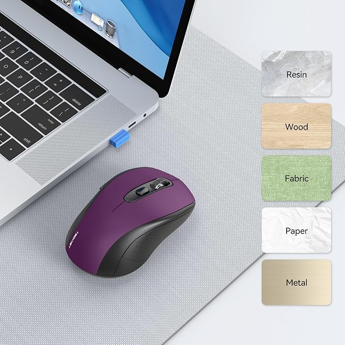 TECKNET Bluetooth Mouse, 4000DPI Wireless Mice for Laptop 2-in-1(BT 5.0/3.0+2.4Ghz) Computer Mouse with USB Receiver for Mac (USB-A+Bluetooth, Purple)