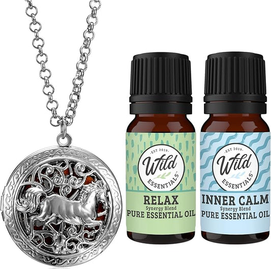 Wild Essentials Wild Horse Essential Oil Diffuser Necklace Gift Set with Inner Calm & Relax Oils – Nickel Free Alloy Pendant with 12 Color Pads – USA Made Oils & Perfume Necklace – Family Company