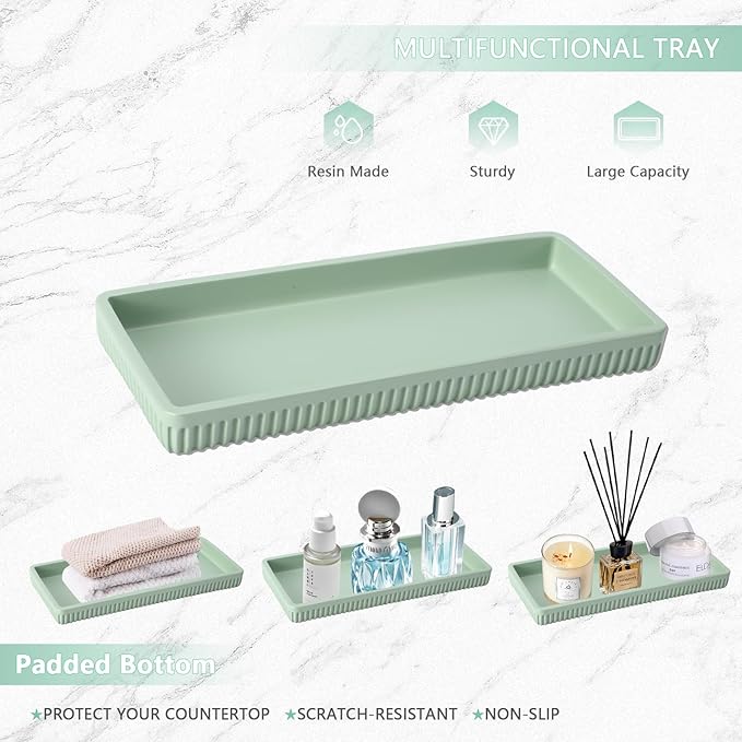 Resin Light Green Bathroom Accessories Set 5 Pcs, Lotion Soap Dispenser, Toothbrush Holder, Bathroom Tumbler, Qtip Holder and Vanity Tray, Bathroom Countertop Organizer Set for Modern Apartment