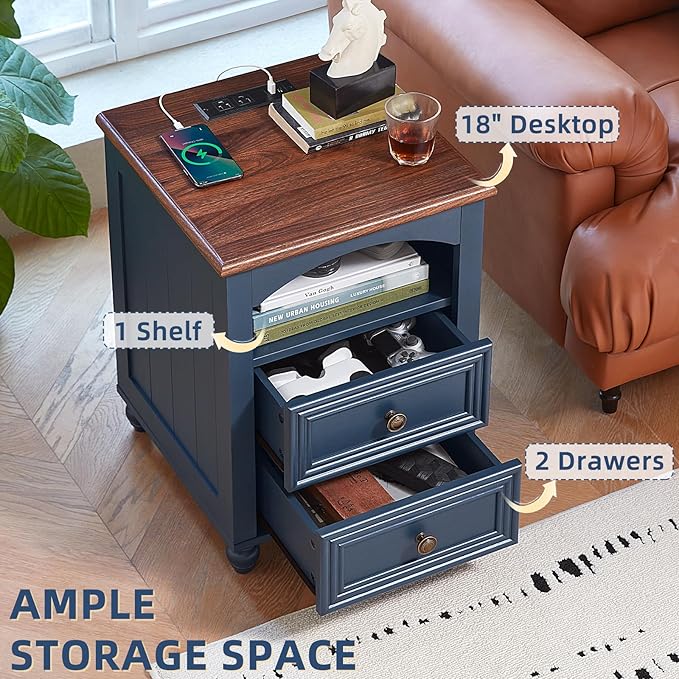 18" Farmhouse Night Stand with Charging Station, Blue Wood Nightstand with 2 Drawers, Bedside End Table with Shelf Storage, Bed Side Tables Cabinet for Bedroom, Living Room, and Closet