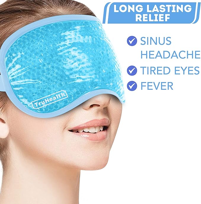Hot & Cold Gel Bead Mask for Sinus Relief - 11 x 4.75-inch, Light Blue Beaded Design - Reusable Gel Eye Mask & Post-Surgery Ice Pack, Cold Compress for Dryness & Puffiness
