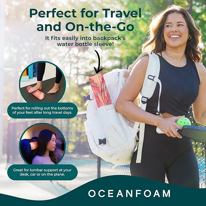 Oceanfoam Ripple Travel Foam Roller (11" x 3.35") Firm Mini Foam Roller for Physical Therapy, Deep Tissue Massage, Back Pain - High Density, Ergonomic Wave Textured - Yoga, Exercise (Cotton Candy)