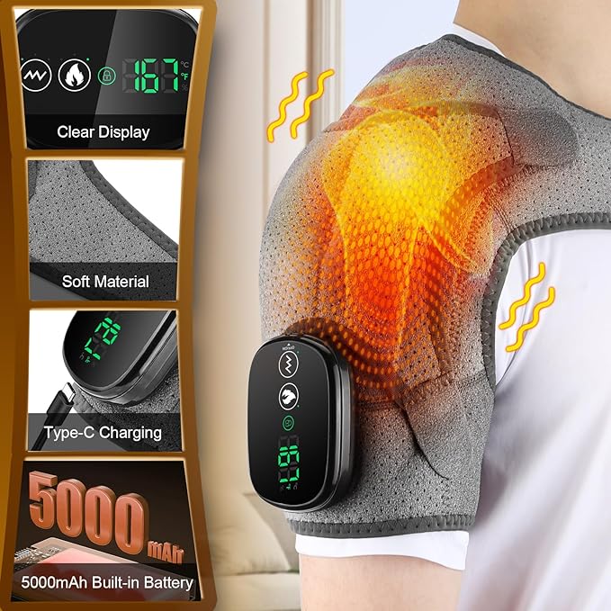 Cordless Shoulder Heating Pad with Massage, Heated Shoulder Wrap for Rotator Cuff Pain, Shoulder Massager for Pain Relief, Gifts for Dad Mom Husband Wife Seniors
