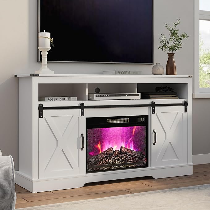 RoyalCraft Farmhouse Fireplace TV Stand for 65+ Inch TV, Entertainment Center with 23" Electric Fireplace with Remote, 34" Tall Modern Rustic TV Console with Sliding Bar Door for Living Room, White
