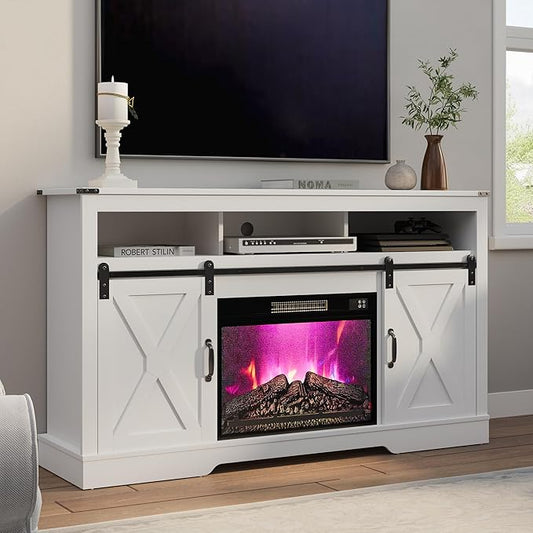 RoyalCraft Farmhouse Fireplace TV Stand for 65+ Inch TV, Entertainment Center with 23" Electric Fireplace with Remote, 34" Tall Modern Rustic TV Console with Sliding Bar Door for Living Room, White