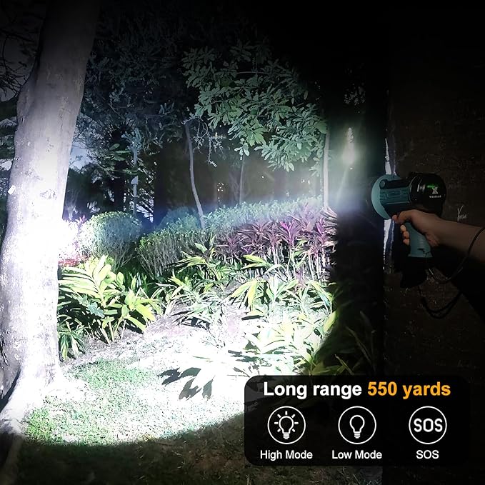 YIERBLUE Rechargeable Spotlight Flashlight with 99,000 High Lumen LED, IP67 Waterproof Long Running Spot Light searchlight, Impact Resistant Handheld Spotlight with Foldable Stand Red Lens