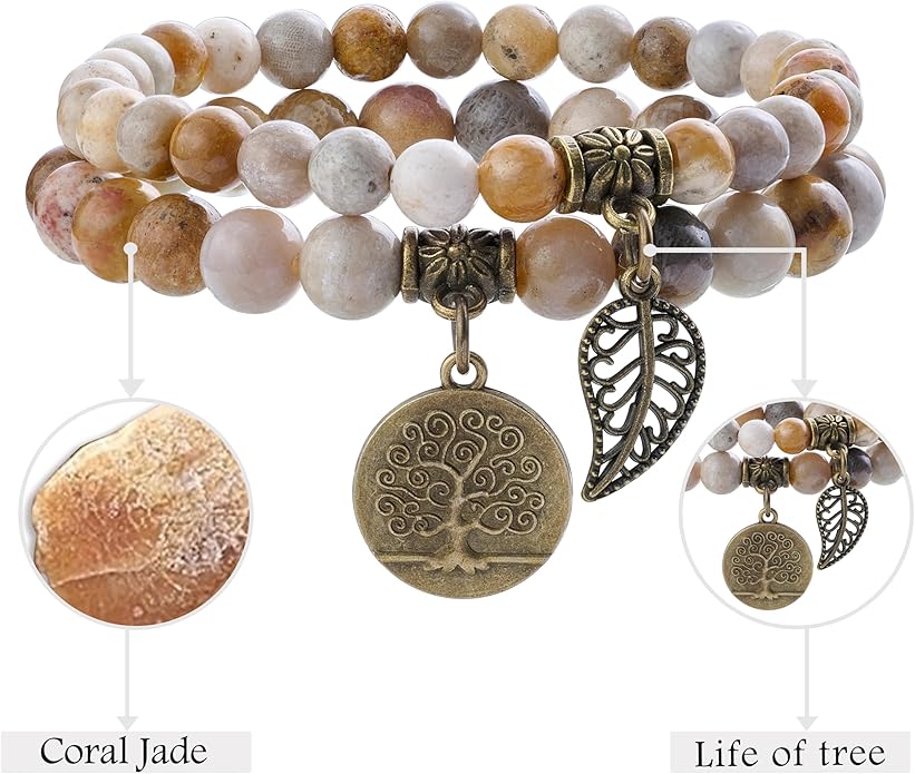 Bivei Natural Semi Precious Gemstone beads bracelet for women - Life Tree and Leaf Charm Energy Reiki Crystal Stretch Bracelets