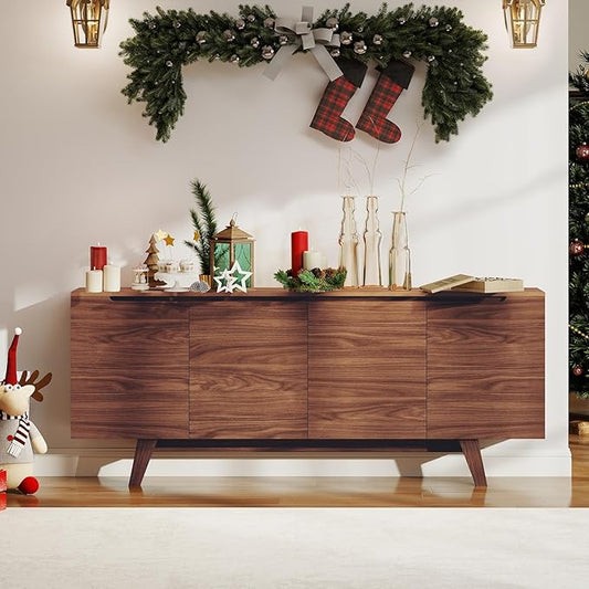 ANJ TV Stand for 80 inch TV, Mid-Century Modern TV Console with Storage Cabinet, Wooden Television Furniture for Living Room, Entertainment Center with Adjustable Shelf Design