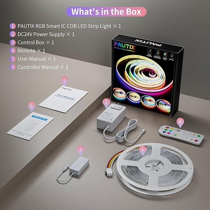 PAUTIX RGB Smart IC COB LED Strip Lights,Work with Alexa/Google Assistant,20ft/6.1m Addressable UL-Listed 24V Chasing Color Flexible Tape Light Multicolor,for Cabinet,TV,Bedroom,Party DIY Decoration