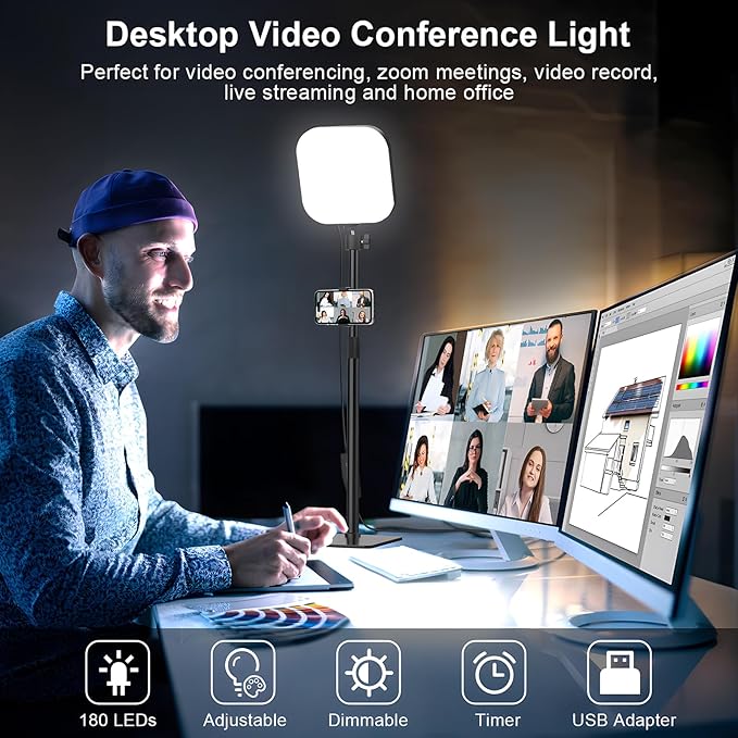 Video Conference Lighting, 180 LED Webcam Light with 3 Color & 5 Brightness for Video Recording, Zoom Light with Phone Holder for Laptop Computer Online Meeting, Video Calls, Live (1-Pack with Remote)