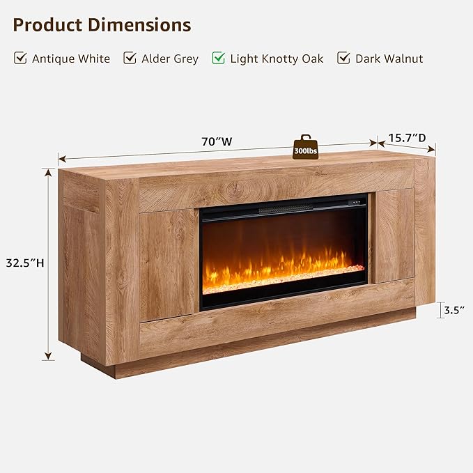 OKD Modern 70" Fireplace TV Stand with 36" Electric Fireplace, Entertainment Center for TVs Up to 80", Media Console with Side Cabinets, Thick Wood Design for Living Room, Light Knotty Oak