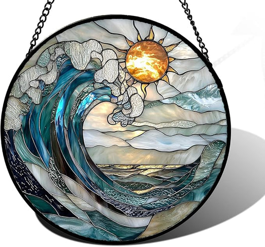 Stained Glass Window Hanging, Blue and White Waves Suncatcher Diamond Glass Panel Landscape Sun Catchers Decor for Birthday for Women, Men, Wife, Aunt, and Mom 11.8x11.8 in