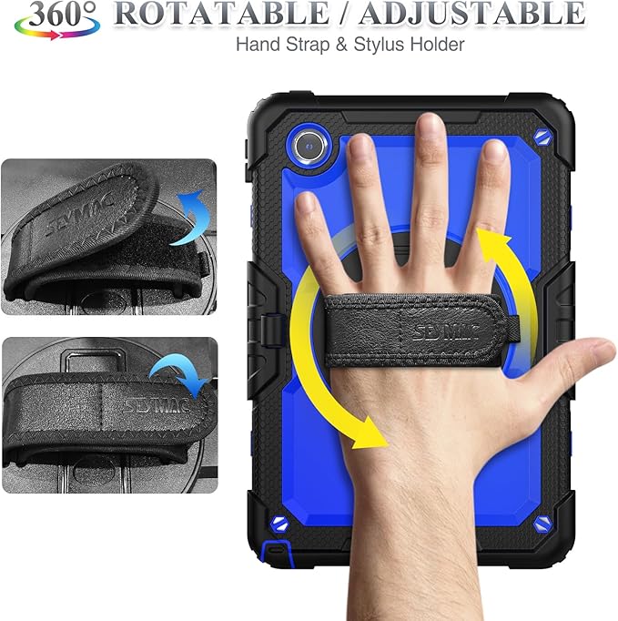 SEYMAC stock Tablet Case for Lenovo Tab M11 (TB330FU/TB330XU)/Idea Tab 11" (TB336F) 11 inch 2024/2025 Drop-Proof Protection Cover with 360° Rotate Strap [Pen Holder] & Screen Protector, Blue+Black