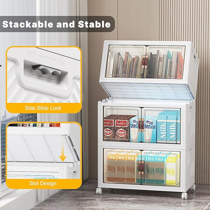 Extra Large Stackable Storage Bins with Lids & Wheels & Door, 312QT-52QT/13GAL*6Pack Foldable Collapsible Closet Organizers, Plastic containers Drawers for Bedroom Dorm