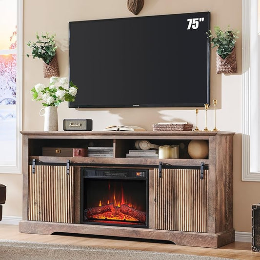 Fluted Fireplace TV Stand for TVs Up to 75 Inch, Modern Entertainment Center with Waveform Panel Sliding Door & Adjustable Shelves, Media Console for Living Room (Light Brown)