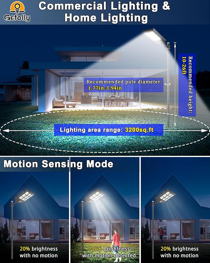 Gefolly SL-4600W Solar Street Light Outdoor 460000LM Wide Angle Commercial Parking Lot Lights Dusk to Dawn 6500K Flood Security Light IP67 Lamp for Basketball Court, Yard