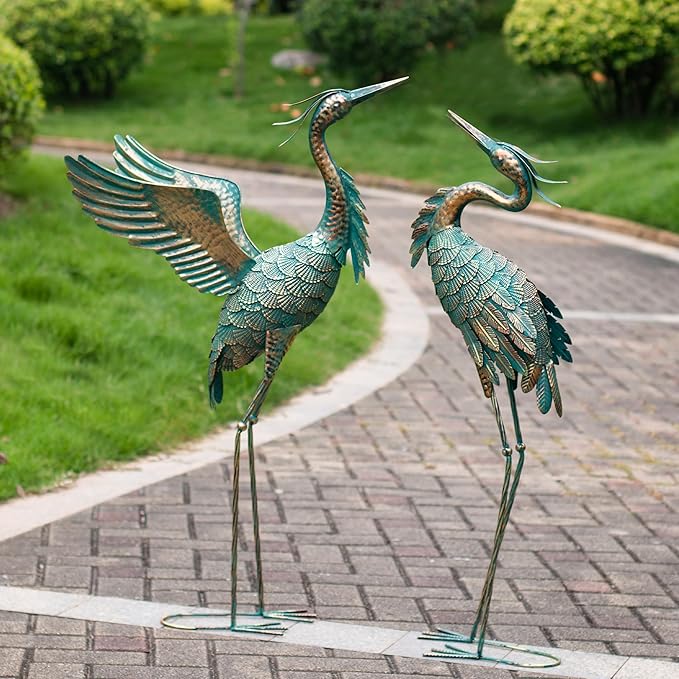 Natelf Metal Crane Garden Statues, Large Heron Outdoor Bird Sculpture Decor for Patio Pond Yard 36-39inch Yard Art, Set of 2
