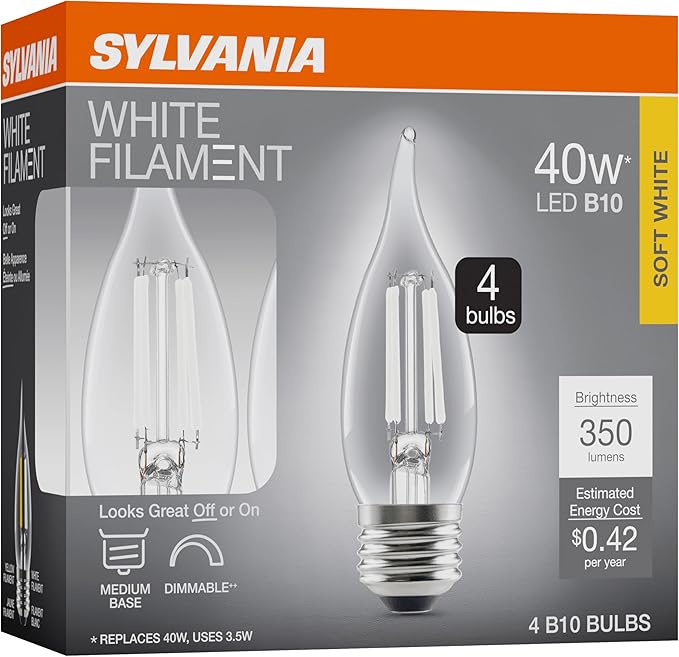 Sylvania B10 Clear LED White Filament Bulb, 3.5W, Dimmable, 350 LMS, Medium Base, 2700K, Soft White - 4 Pack (42258)