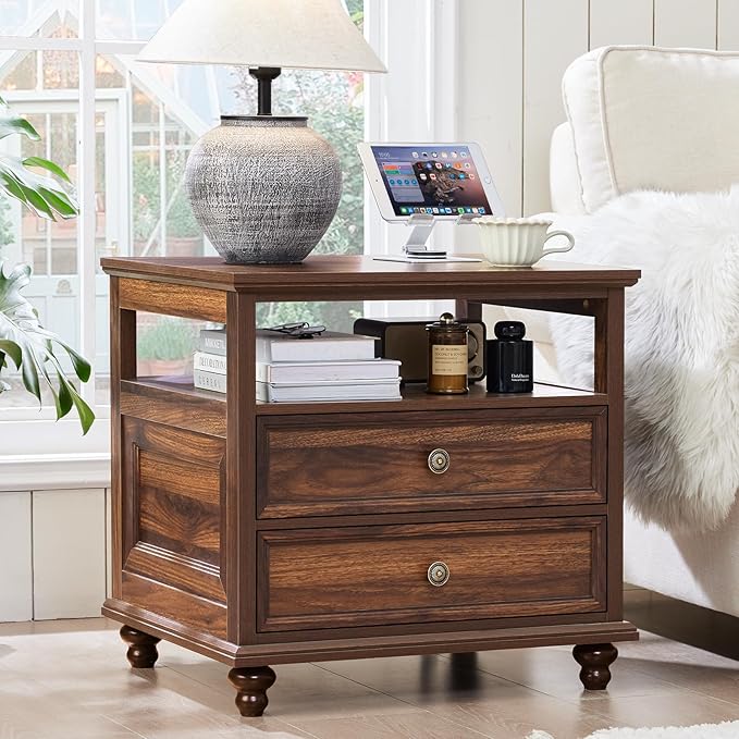 24" Wide Farmhouse Night Stand,Large End Table with 2 Drawers & Metal Handle,Wood Dresser for Bedroom, Brown Bed Side Table Chest of Drawers Cabinet,Nightstand for Living Room,Closet