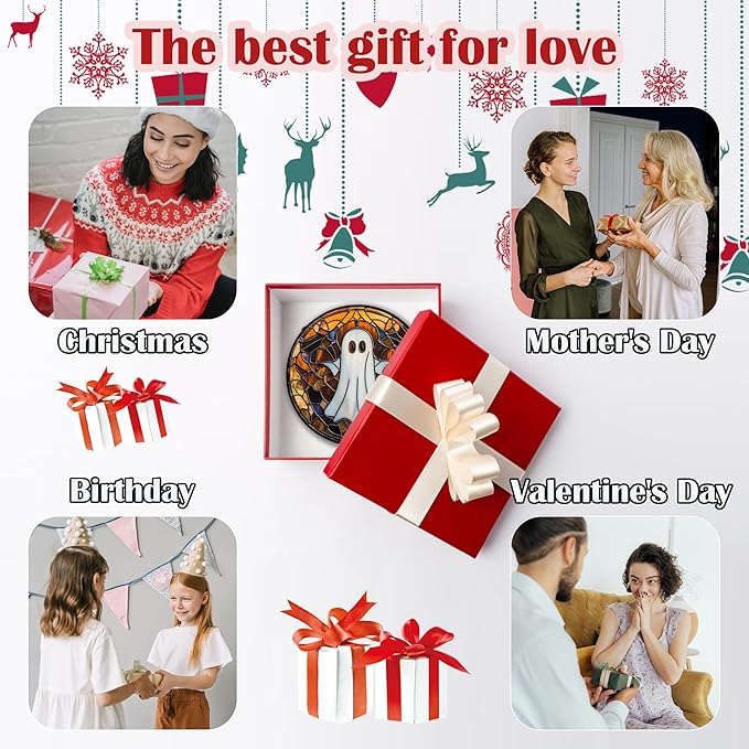 Stained Glass Window Hanging Halloween White Horror Ghost 6.3" - Suncatcher Door Garden Kitchen Sun Catcher Home Gothic Decor Birthday for Mom Men Woman Friend Grandma