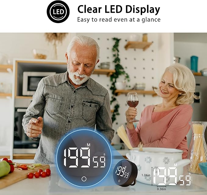 Digital Kitchen Timers, Visual timers Magnetic Countdown Countup Smart Timer Large LED 200 Minutes Display Volume Adjustable for Cooking Fitness Studying, Easy for Kids and Seniors