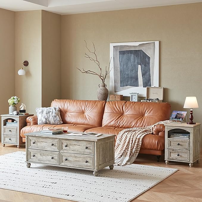 18" Farmhouse Night Stand Set of 2 with Charging Station, Gray Wood Nightstand with 2 Drawers, Bedside End Table with Shelf Storage, Bed Side Tables for Bedroom, Living Room, and Closet