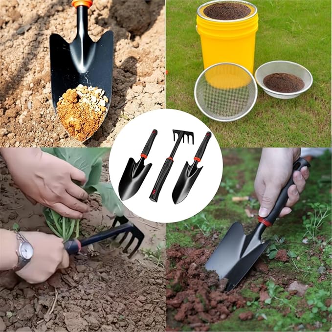 Garden Tool Set, Includes 1/4-inch Mesh Gardening Sifter, Trowel, Transplanter, and Cultivator for Outdoor Gardening, Ergonomic Yard Tool Kit