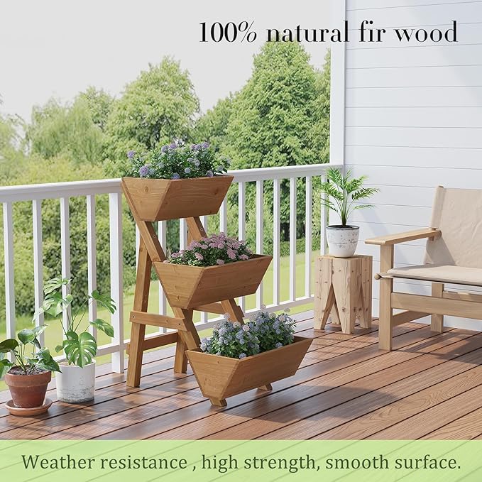 3-Tier Wooden Vertical Raised Garden Bed with Legs, Tiered Planter Box, Vertical Garden Planter,Wood Plant Stand Wood Flower Rack for Patio, Balcony, Freestanding. (Brown-Small)