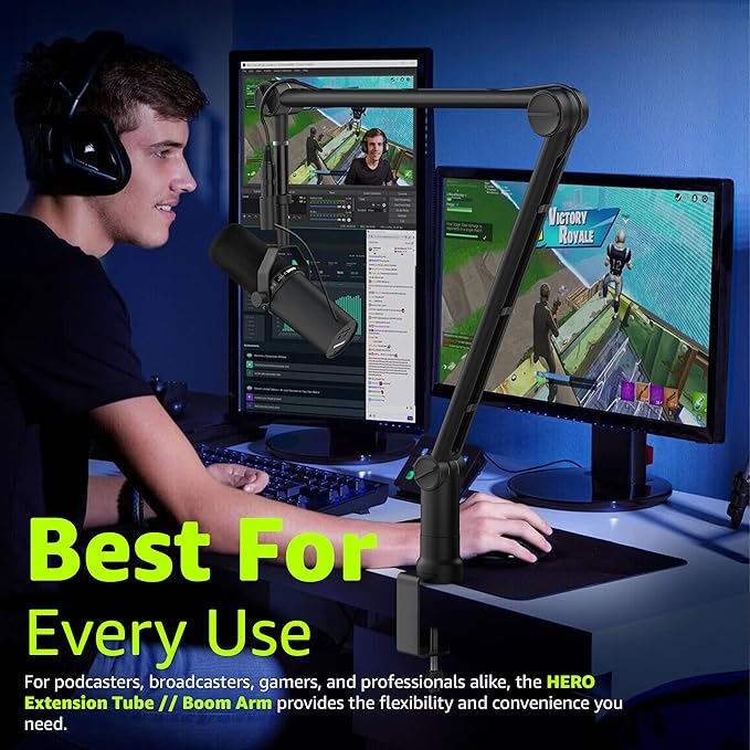 IXTECH Boom Arm Mic Stand with Extension Tube Upgraded Microphone Arm for Shure SM7B MV7 Blue Yeti Sturdy Stainless Steel Mic Arm Desk Stand Foldable Scissor Arm Microphone Mount for Podcast Gaming