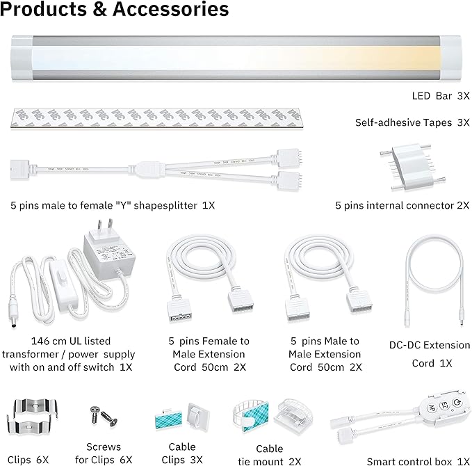 Smart Under Cabinet Lights Work with Alexa, Google,Siri, LED Light for Kitchen Shelf Counter Lighting with App, Voice Activated Dimmable and Linkable Warm to Cool White (3 Lights Bar Kit)